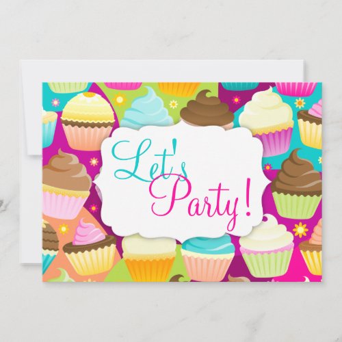 Colorful Cupcakes "Let's Party" Invitations