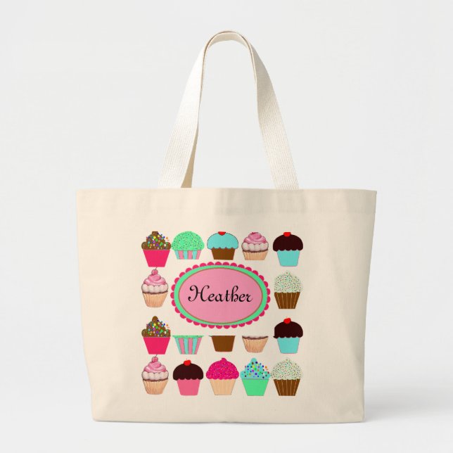 Colorful Cupcakes - Personalized Large Tote Bag (Front)