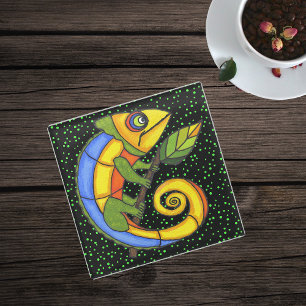 Colorful Curled Tailed Lizard Big Circle Eyes Glass Coaster