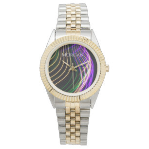 Colorful Curved Light on Black, DIY Name White Watch