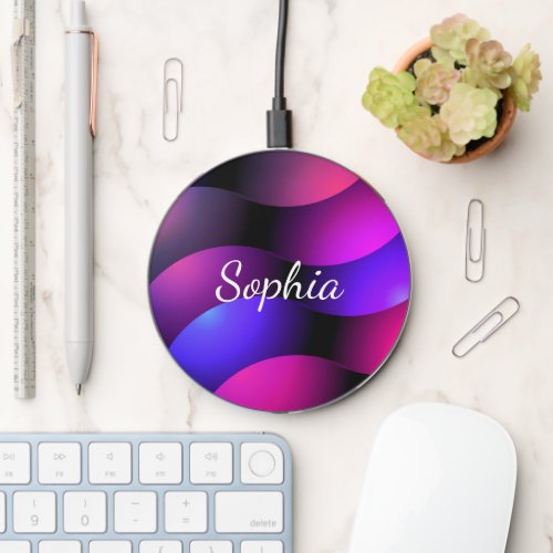 Colorful Curved Shapes White Script Name Wireless Charger