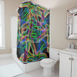 Colorful curved tapes, highlighted by relief shower curtain
