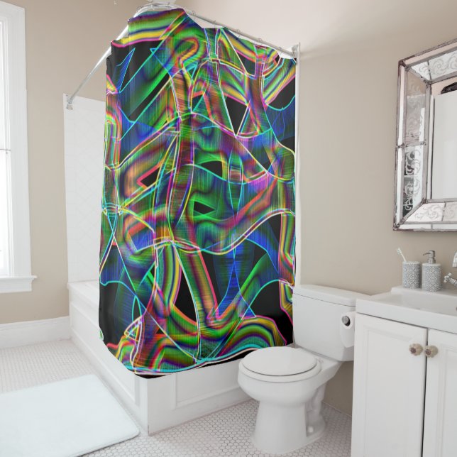 Colorful curved tapes, highlighted by relief shower curtain (In Situ)