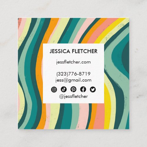 Colorful Curves with Social Icons Minimalist Square Business Card