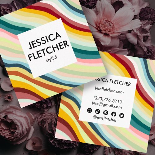 Colorful Curves with Social Icons Minimalist Square Business Card