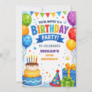 Colorful Custom Cake and Balloons Birthday Invite