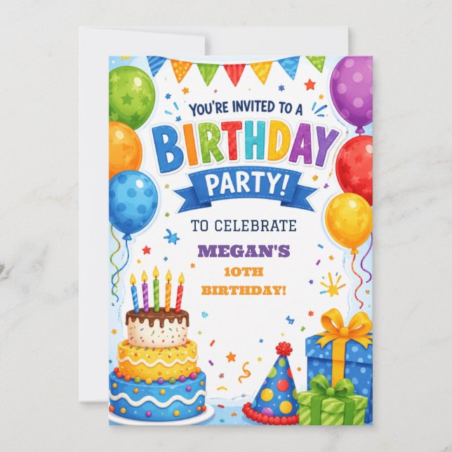 Colorful Custom Cake and Balloons Birthday Invite (Front)