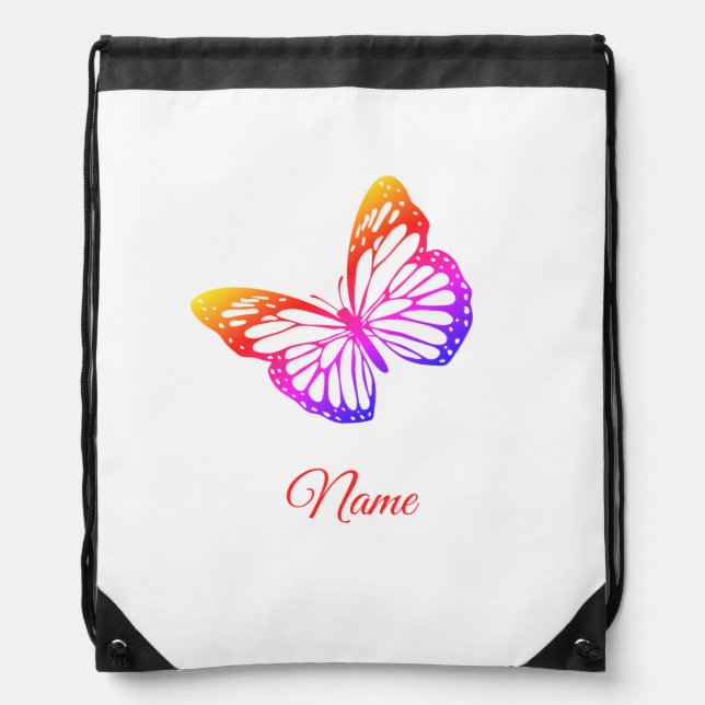 Colorful Custom Name Ombre Butterfly Drawstring Bag (Front)