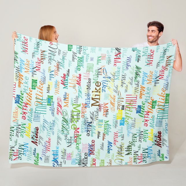 Colorful Custom Names on Pale Blue Fleece Blanket (In Situ)