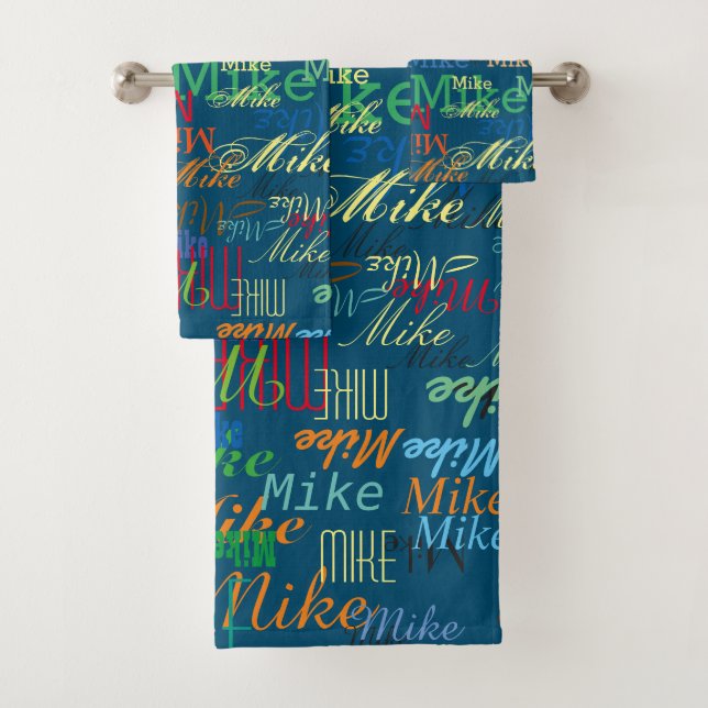 Colorful Custom Names Stylish Pattern Blue Bath Towel Set (Insitu)