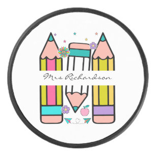 Colorful custom pencil teacher hockey puck