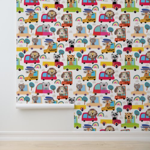 Colorful Cute Animals Cars Vehicles Kids Pattern Wallpaper