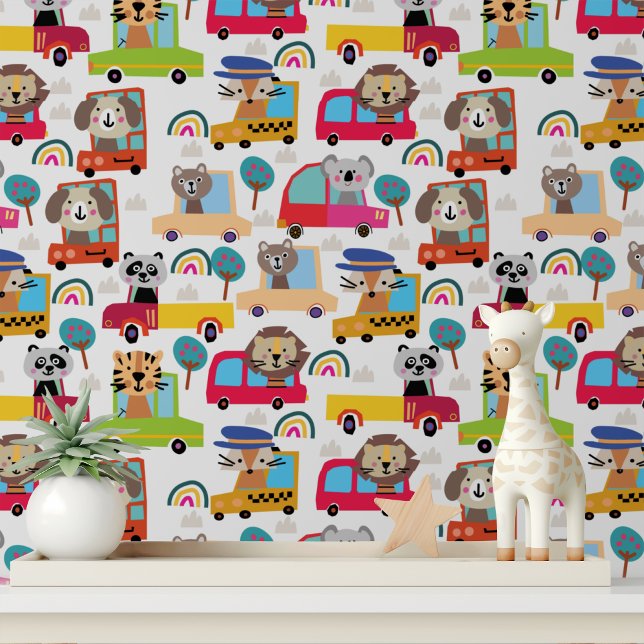 Colorful Cute Animals Cars Vehicles Kids Pattern Wallpaper (Creator Uploaded)