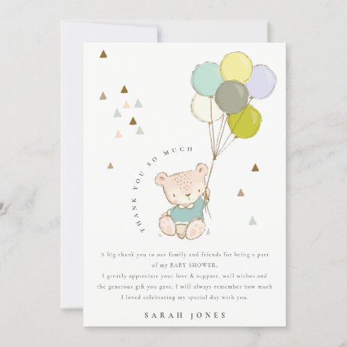 Colorful Cute Aqua Blue Bear Balloons Baby Shower Thank You Card