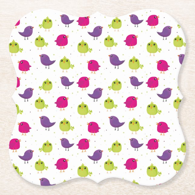 Colorful Cute Birds Pattern Paper Coaster (Front)