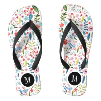Colorful Cute Botanical Leafs & Flowers Pattern Flip Flops