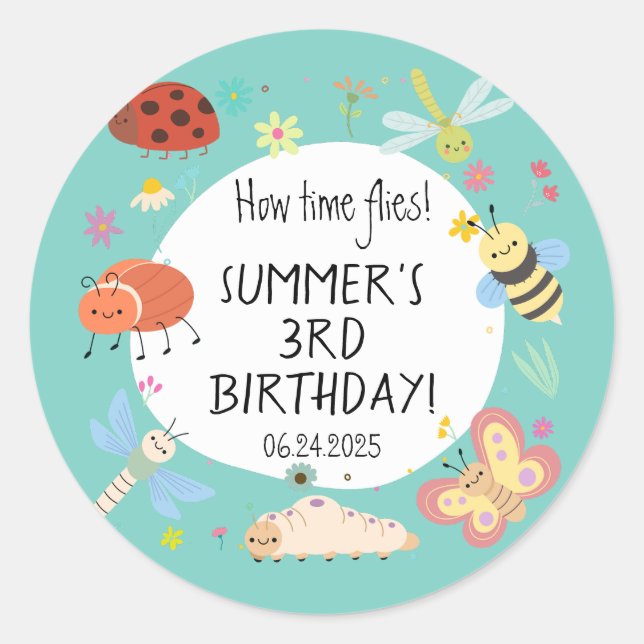 Colorful Cute Bugs Kids Birthday  Classic Round Sticker (Front)