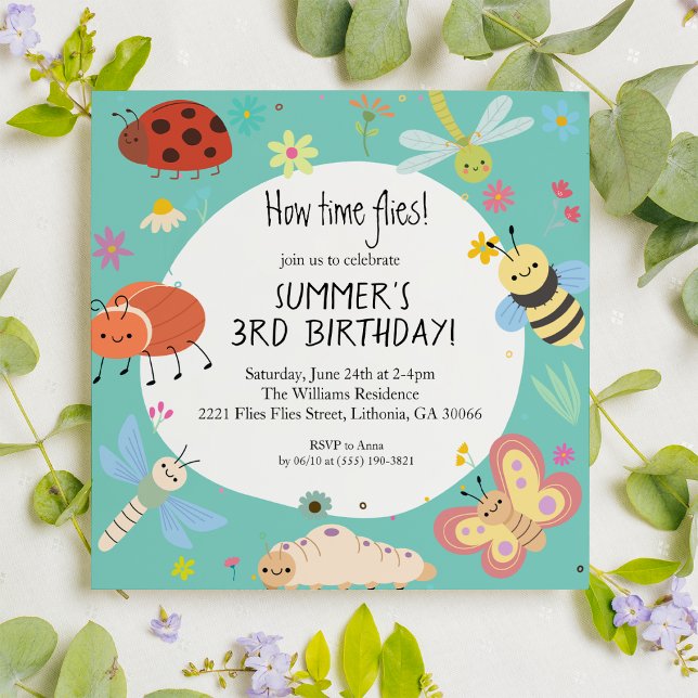 Colorful Cute Bugs Kids Square Birthday  Invitation (Creator Uploaded)