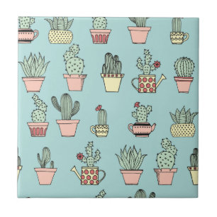 Colorful Cute Cactus In Hand Drawn Style Pattern Ceramic Tile