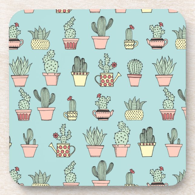 Colorful Cute Cactus In Hand Drawn Style Pattern Coaster (Front)