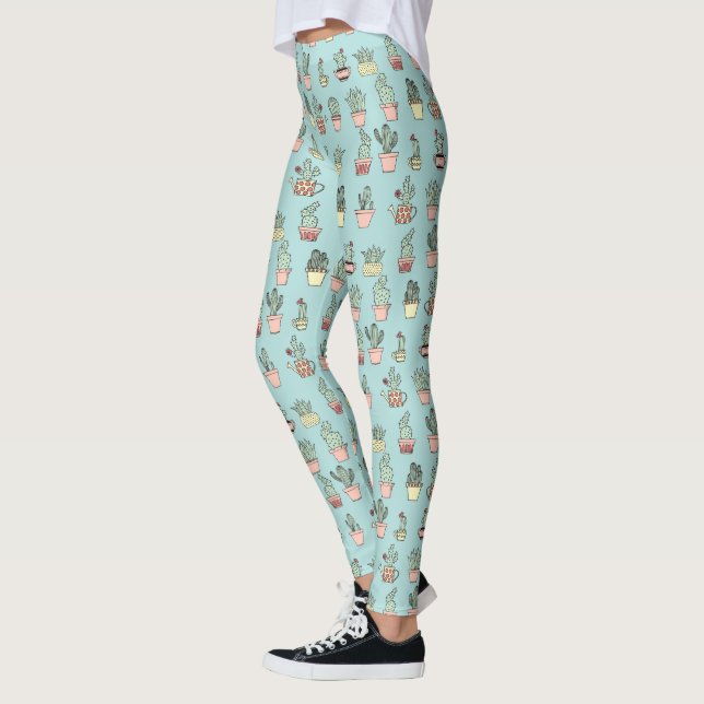 Colorful Cute Cactus In Hand Drawn Style Pattern Leggings (Left)