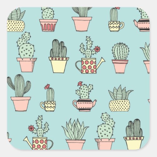 Colorful Cute Cactus In Hand Drawn Style Pattern Square Sticker