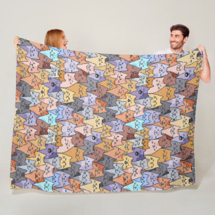 Colorful Cute Cat Crowd Pattern Whimsical Cat Face Fleece Blanket