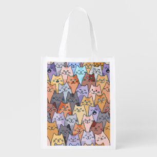 Colorful Cute Cat Crowd Pattern Whimsical Cat Face Grocery Bag