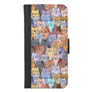 Colorful Cute Cat Crowd Pattern Whimsical Cat Face iPhone 8/7 Wallet Case