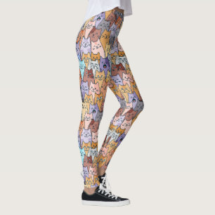 Colorful Cute Cat Crowd Pattern Whimsical Cat Face Leggings