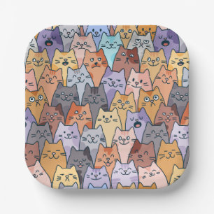 Colorful Cute Cat Crowd Pattern Whimsical Cat Face Paper Plates