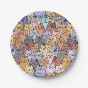 Colorful Cute Cat Crowd Pattern Whimsical Cat Face Paper Plates