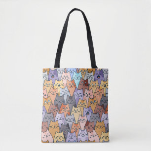 Colorful Cute Cat Crowd Pattern Whimsical Cat Face Tote Bag