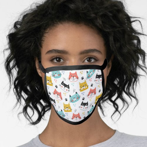 Colorful Cute Cat Faces Pattern on White Face Mask