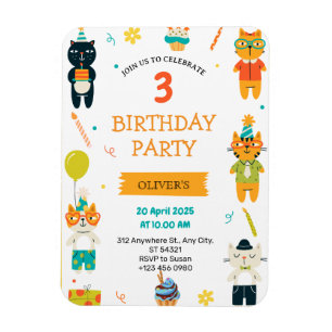 Colorful Cute Cats 3rd Birthday Party Invitation Magnet