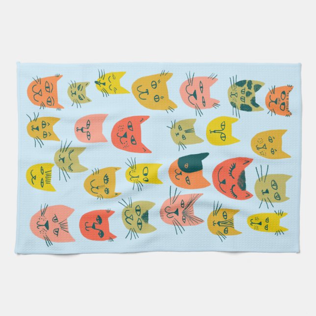 Colorful Cute Cats Kittens Blue Kitchen Towel (Horizontal)