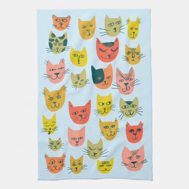 Colorful Cute Cats Kittens Blue Kitchen Towel (Vertical)