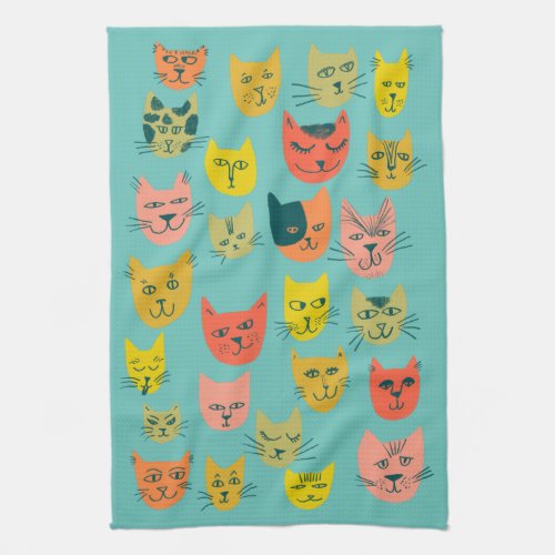 Colorful Cute Cats Kittens Teal Kitchen Towel