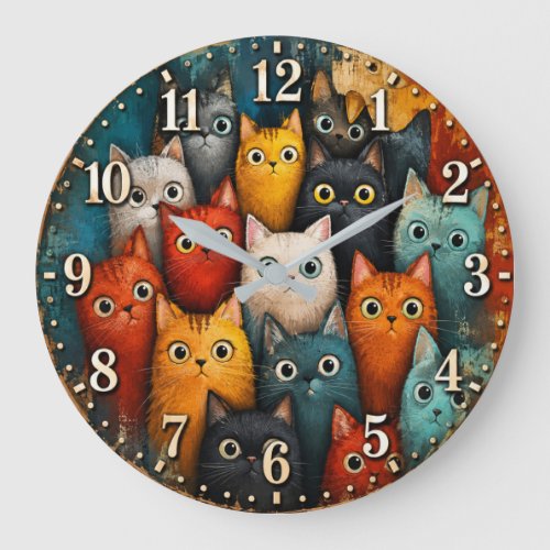 Colorful Cute Cats Large Clock