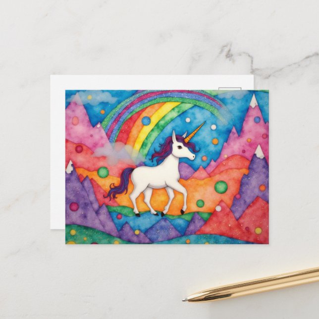 Colorful Cute Childlike Fantasy Unicorn Postcard (Front/Back In Situ)
