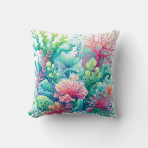 Colorful Cute Coral Blue Green Pink Teal Coastal Throw Pillow
