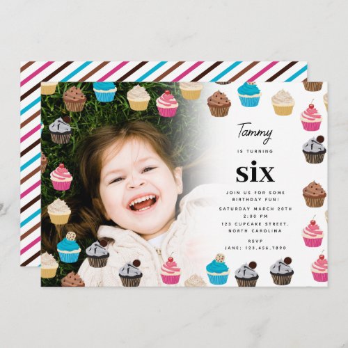 Colorful Cute Cupcakes Kids Photo Birthday Party Invitation