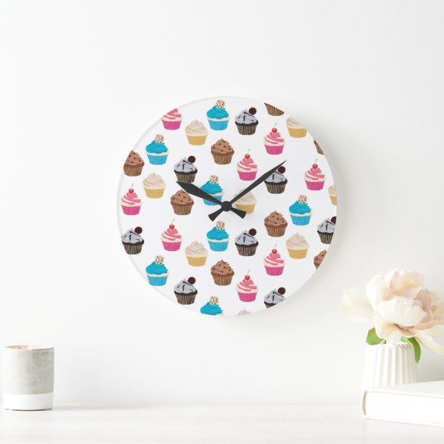 Colorful Cute Cupcakes Pattern  Large Clock (Home)