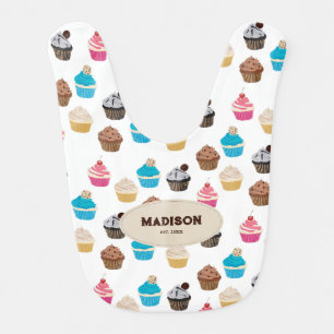 Colorful Cute Cupcakes Pattern Monogram Baby Bib
