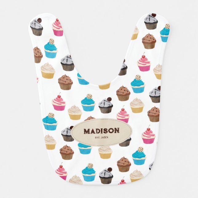 Colorful Cute Cupcakes Pattern Monogram Baby Bib (Front)