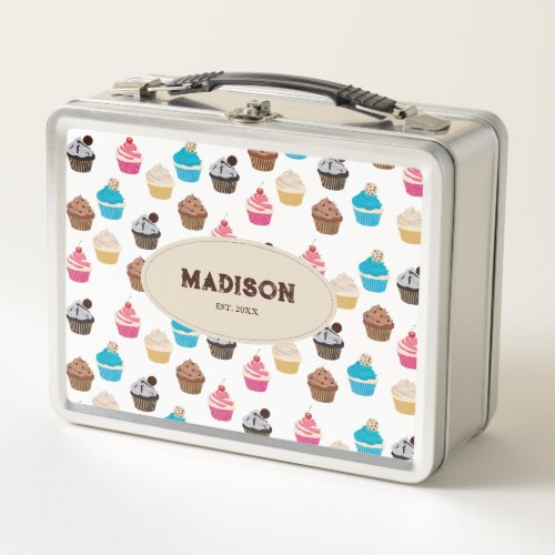 Colorful Cute Cupcakes Pattern Monogram Metal Lunch Box