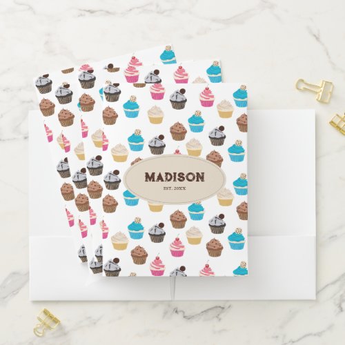Colorful Cute Cupcakes Pattern Monogram Pocket Folder