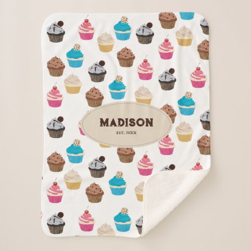 Colorful Cute Cupcakes Pattern Monogram Sherpa Blanket