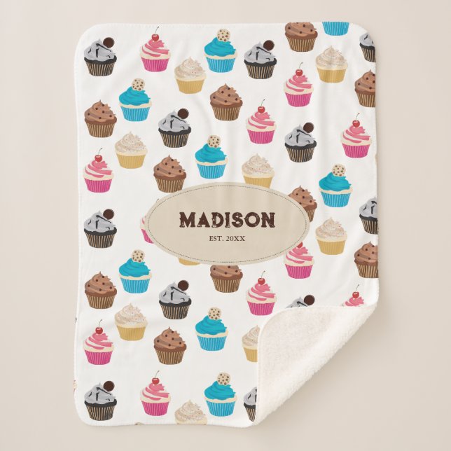 Colorful Cute Cupcakes Pattern Monogram Sherpa Blanket (Front)