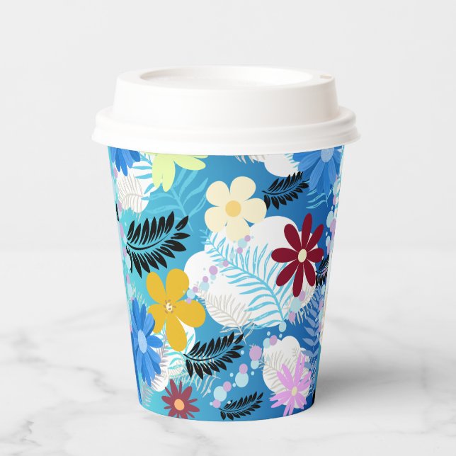 Colorful Cute Daisies Ferns Bubbles Clouds Pattern Paper Cups (Front)